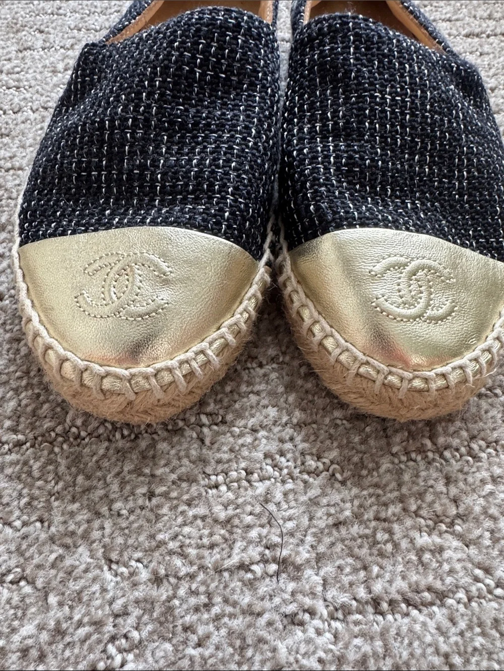 CHANEL Black Tweed Espadrilles with Gold Cap Toe